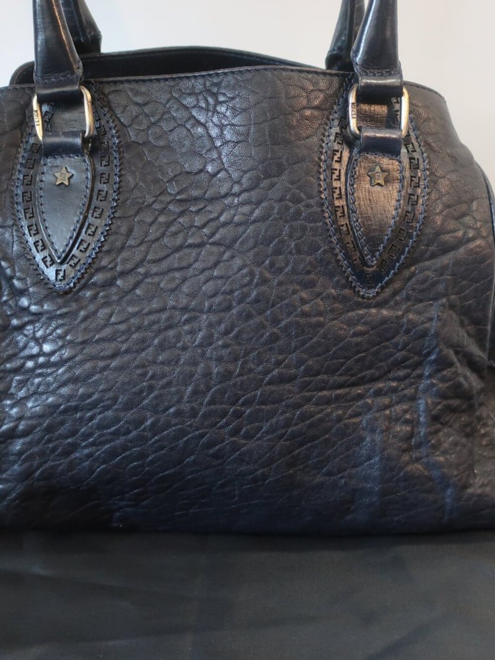 Womens Fendi Etniko Du Jour Black Pebbled Leather Handbag W/Star Hardware - Picture 8 of 16